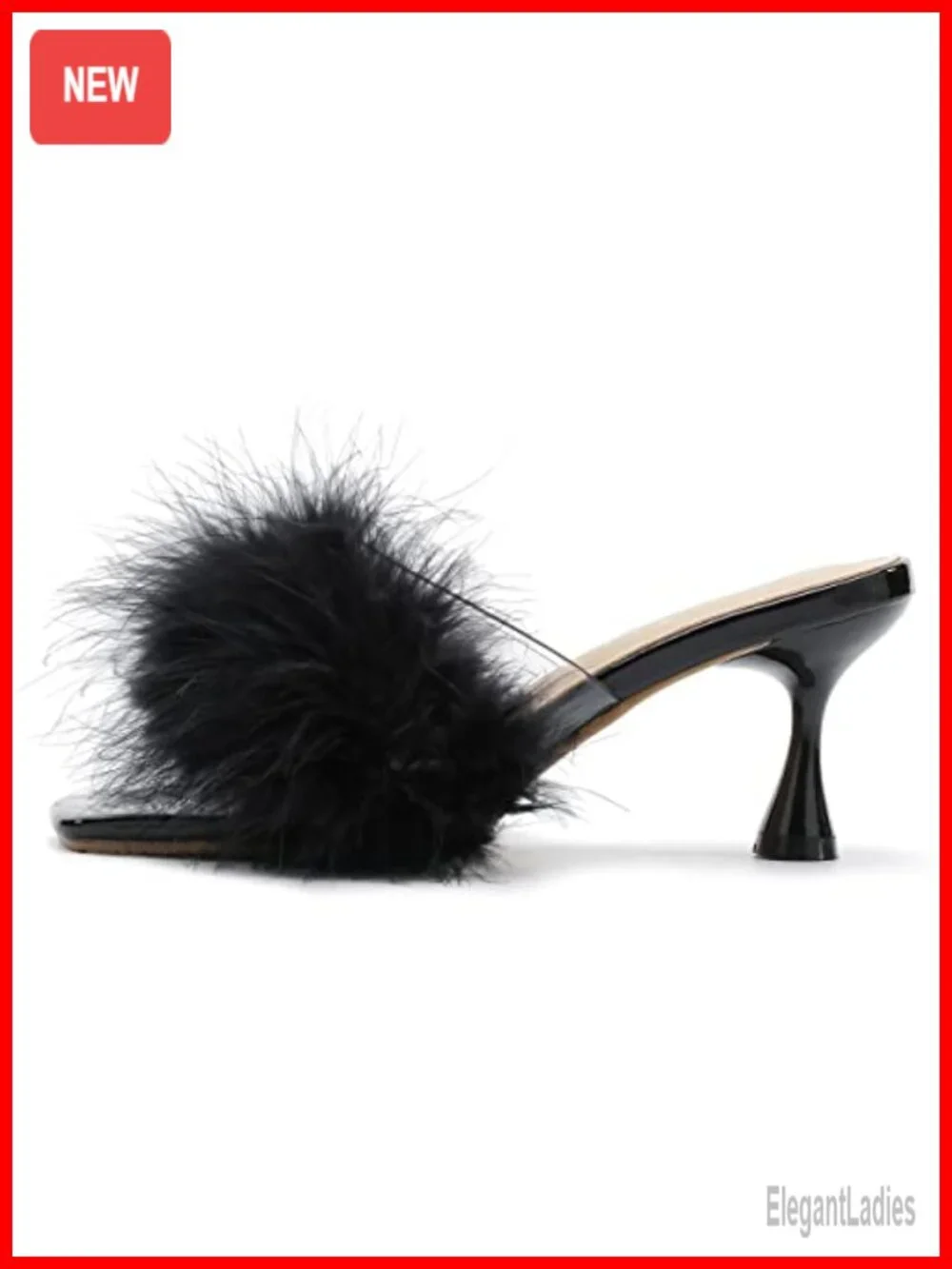 Women's Feather Mule Sandals Kitten Heel Square Open Toe Slip On Fur Clear Strap